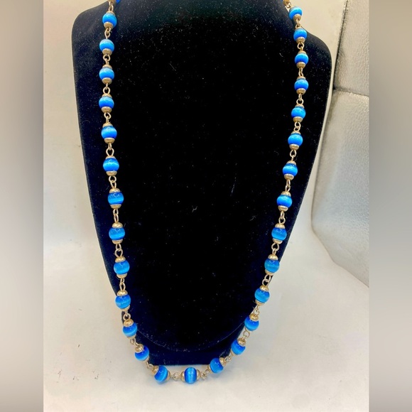 Necklace .925 Sterling Silver Mexico Blue Cat Eye Beads 24”/47.6 grams - Picture 4 of 8